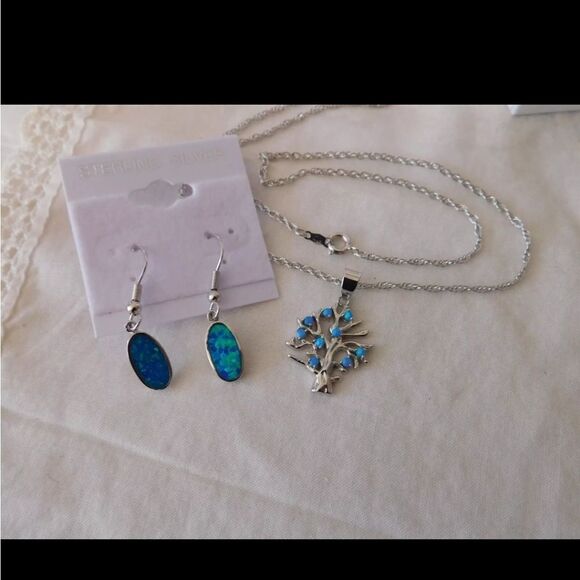 Tree of Life Sterling Silver Opal Pendant Necklace and Earrings Set 925 NWOT - Picture 8 of 9